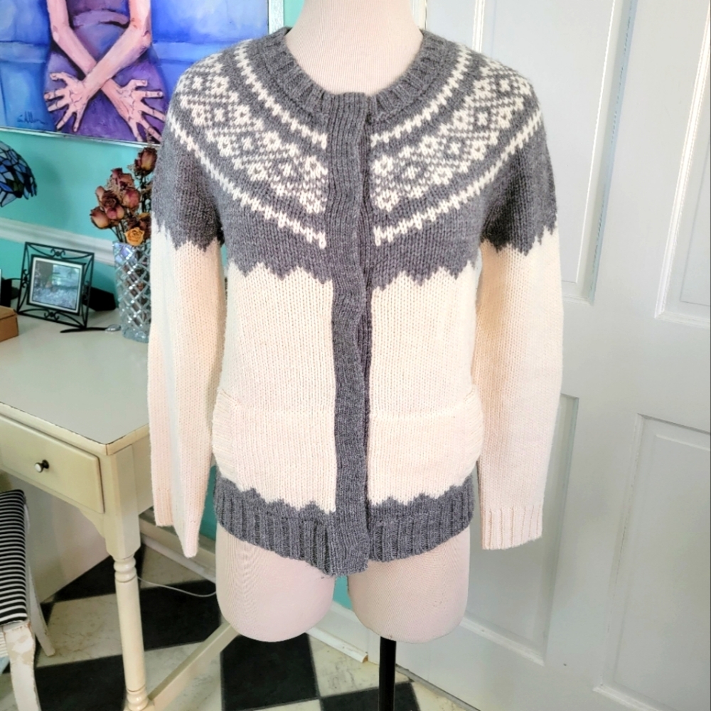 J. Crew Gray and Cream Fair Isle Wool Cardigan Sweater